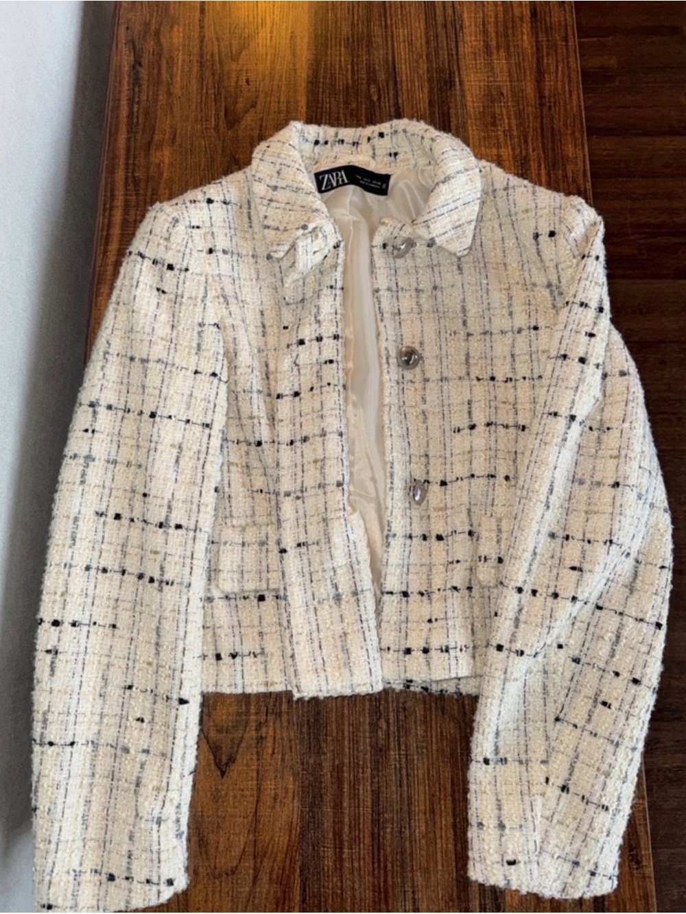 Zara Cream Tweed Blazer with Black Grid Detail